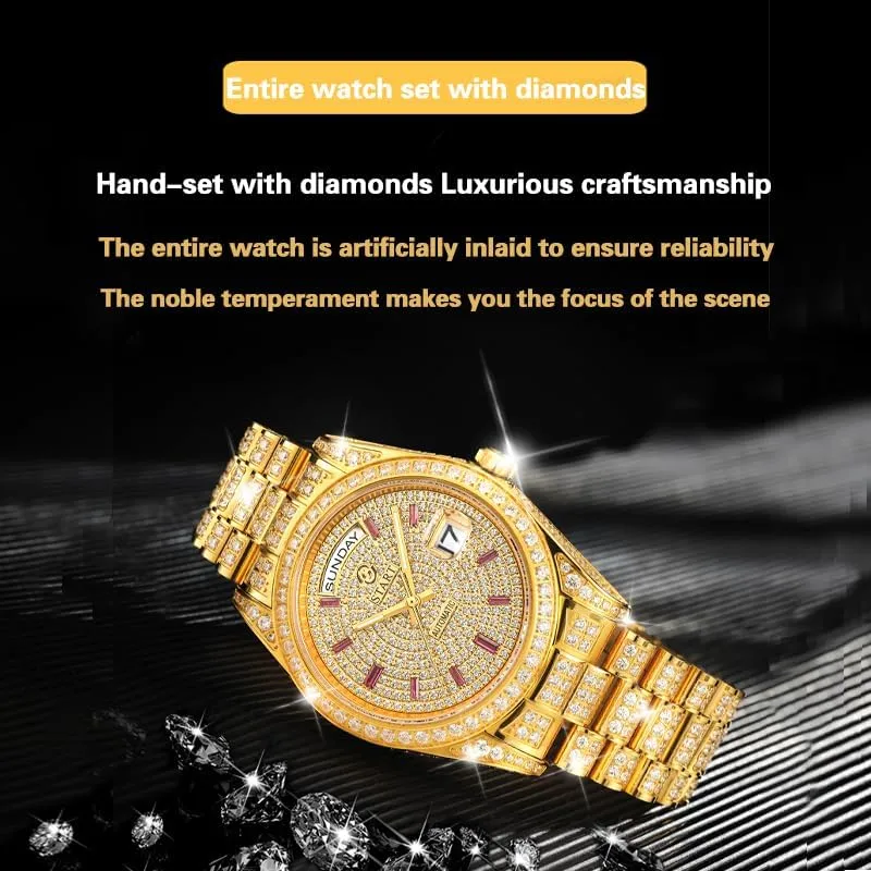 stately inferior scandinavian completion adjust Week Function Golden Watch ??Start?? Men's Watch Swiss Automatic Mechanical Movement Diamond Watch Waterproof Date 