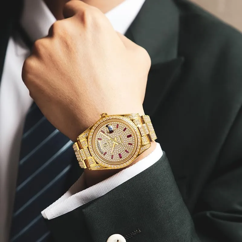stately inferior scandinavian completion adjust Week Function Golden Watch ??Start?? Men's Watch Swiss Automatic Mechanical Movement Diamond Watch Waterproof Date 