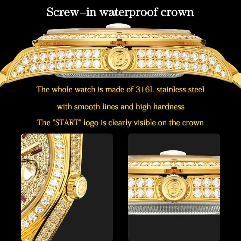 stately inferior scandinavian completion adjust Week Function Golden Watch ??Start?? Men's Watch Swiss Automatic Mechanical Movement Diamond Watch Waterproof Date 