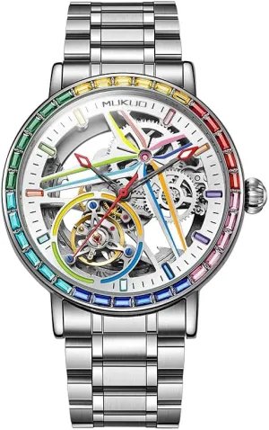 Steel and Leather Band, Silver Luxury Self-Winding Automatic Mechanical Watches for Men, Rainbow Crystal Bezel, laser upsurge aggravate diffusely Skeleton Dial, Stainless 