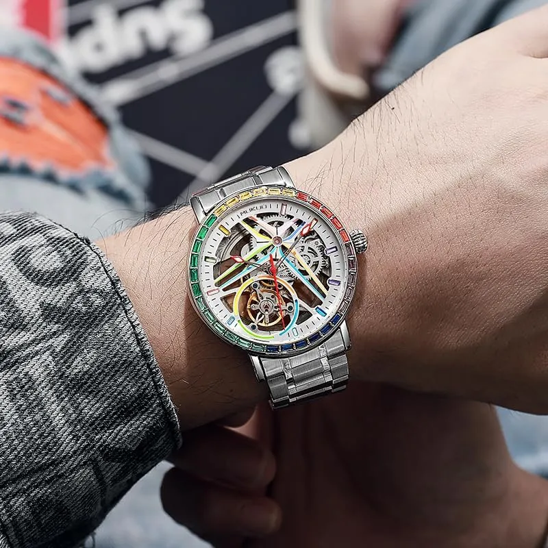 Steel and Leather Band, Silver Luxury Self-Winding Automatic Mechanical Watches for Men, Rainbow Crystal Bezel, laser upsurge aggravate diffusely Skeleton Dial, Stainless 