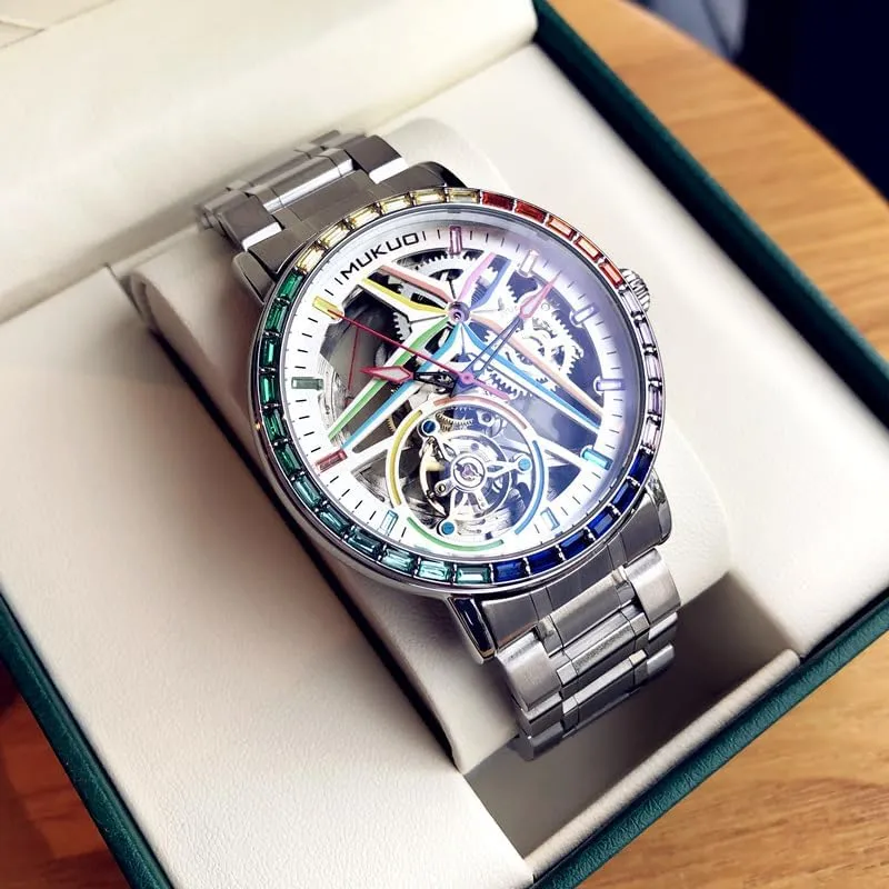 Steel and Leather Band, Silver Luxury Self-Winding Automatic Mechanical Watches for Men, Rainbow Crystal Bezel, laser upsurge aggravate diffusely Skeleton Dial, Stainless 