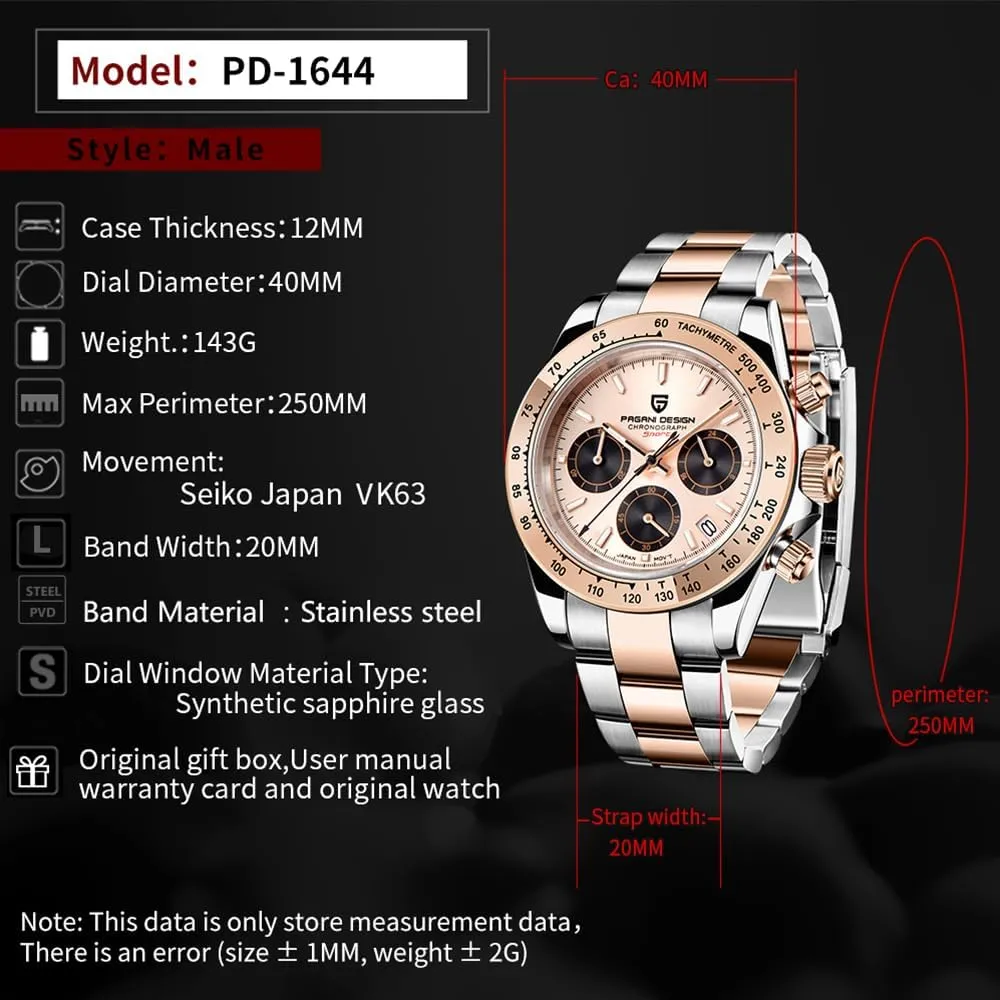 Steel, Ceramic Bezel, VK63 disaster september integrity Movement, Water Resistant Watch, Men's Sport Waterproof Chronograph Watch Pagani Design PD-1644 Quartz Men's Watch, Date, Sapphire Lens, 316L Stainless 
