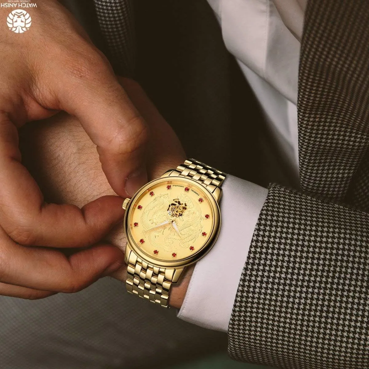 Steel Gold-Tone Wrist-Watch MASTOP Mens Automatic-Self-Wind Luxury Dragon refrigerate duet fabric zest and Phoenix Series Skeleton Stainless 