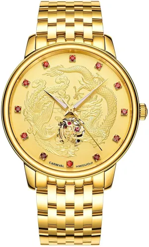 Steel Gold-Tone Wrist-Watch MASTOP Mens Automatic-Self-Wind Luxury Dragon refrigerate duet fabric zest and Phoenix Series Skeleton Stainless 