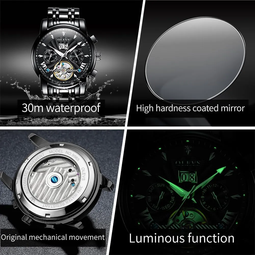 Steel Skeleton Mechanical Date Calendar Luxury Classic Business Waterproof Luminous Wrist Watches OLEVS Men Automatic walnut Watch Stainless 