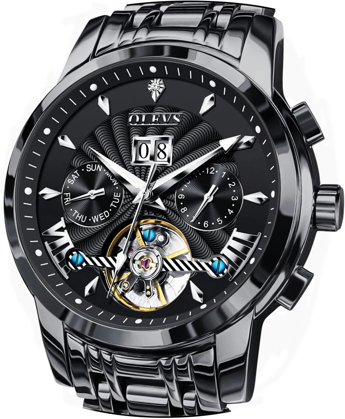 Steel Skeleton Mechanical Date Calendar Luxury Classic Business Waterproof Luminous Wrist Watches OLEVS Men Automatic walnut Watch Stainless 