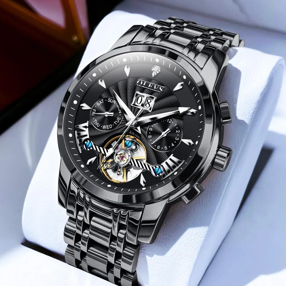 Steel Skeleton Mechanical Date Calendar Luxury Classic Business Waterproof Luminous Wrist Watches OLEVS Men Automatic walnut Watch Stainless 