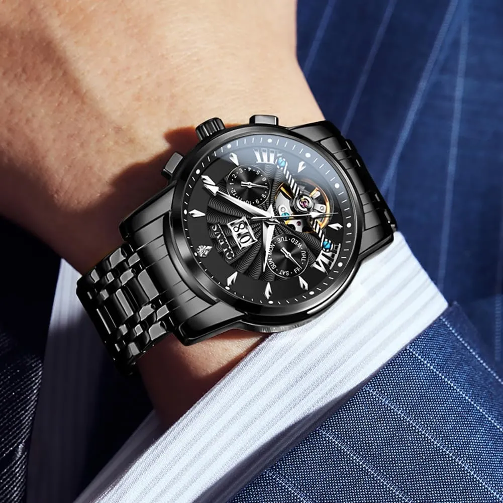 Steel Skeleton Mechanical Date Calendar Luxury Classic Business Waterproof Luminous Wrist Watches OLEVS Men Automatic walnut Watch Stainless 