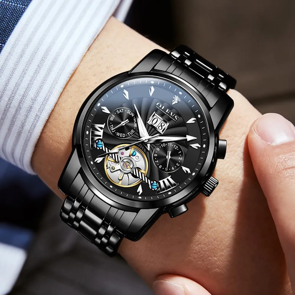 Steel Skeleton Mechanical Date Calendar Luxury Classic Business Waterproof Luminous Wrist Watches OLEVS Men Automatic walnut Watch Stainless 