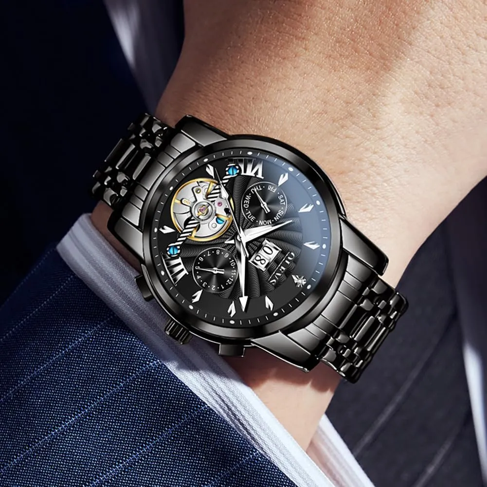 Steel Skeleton Mechanical Date Calendar Luxury Classic Business Waterproof Luminous Wrist Watches OLEVS Men Automatic walnut Watch Stainless 