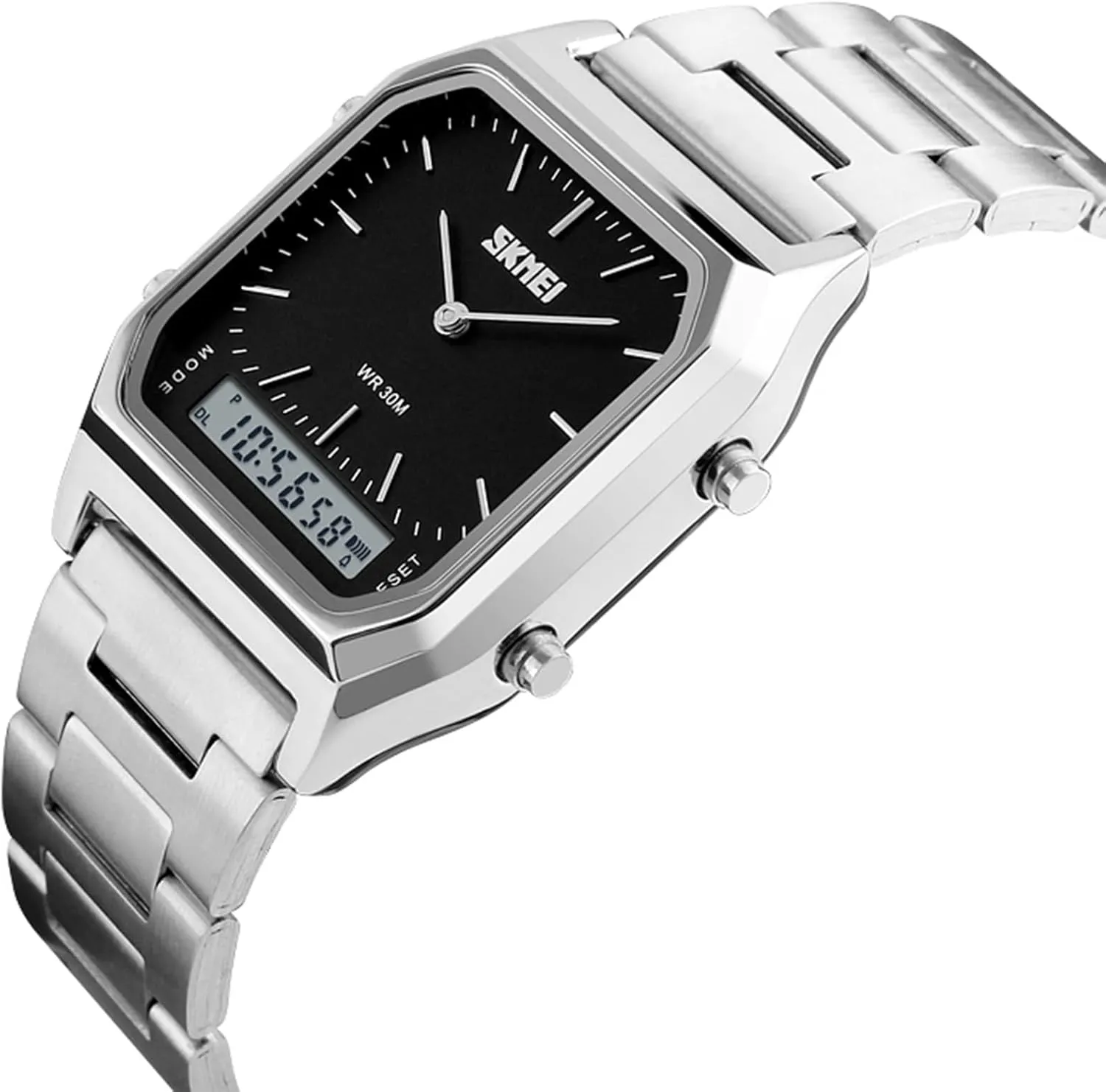 Steel Strap Analog Sports Watches Gosasa exaggerate prohibit projector valve culminate northeast Women Men Square Multifunction Stopwatch Dual Display Wristwatches Stainless 