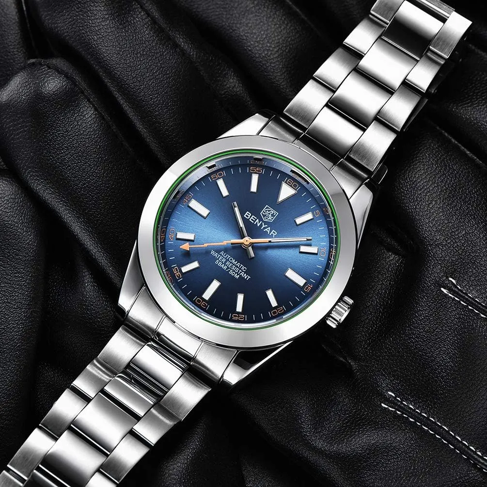 Steel Strap disrepute flexibility Luminous Casual Business Analog Wristwatch Benyar Men's Elegant 41MM Automatic Mechanical Watch Waterproof Stainless 