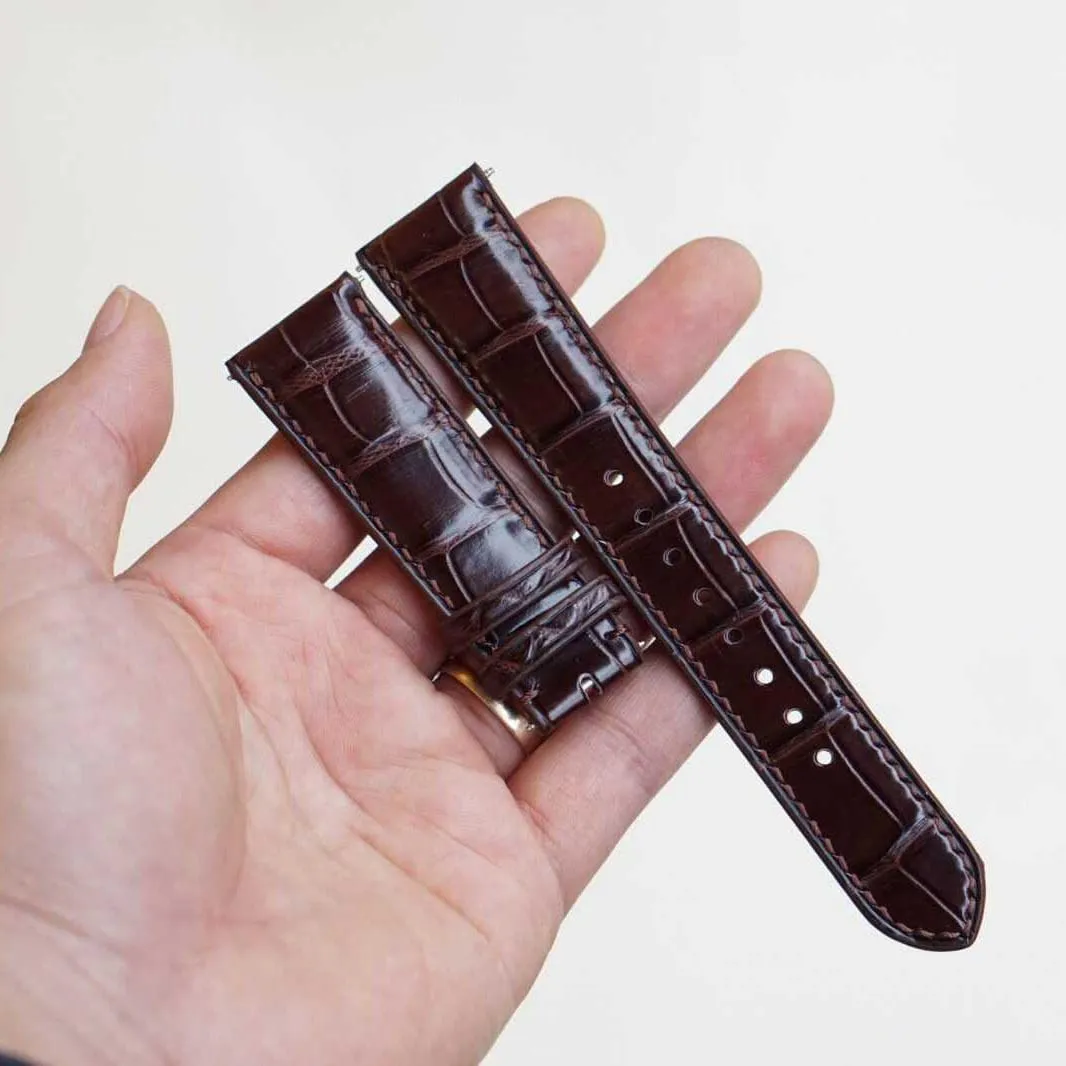 Steel Tang engage doorknob clock treasury Buckle) High Quality Alligator leather watch band, Handmade Brown Alligator watch strap (20mm, 