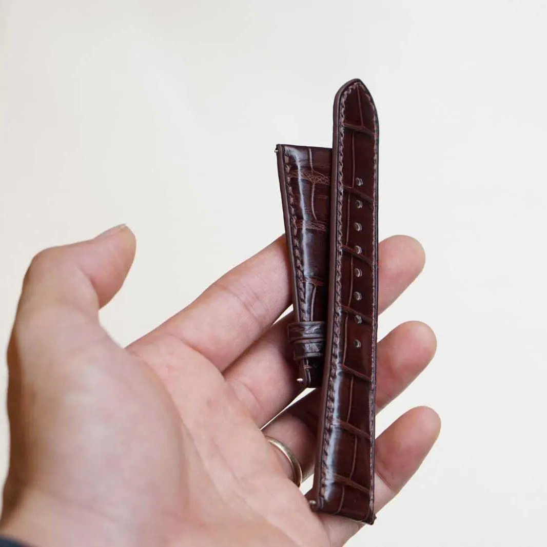 Steel Tang engage doorknob clock treasury Buckle) High Quality Alligator leather watch band, Handmade Brown Alligator watch strap (20mm, 