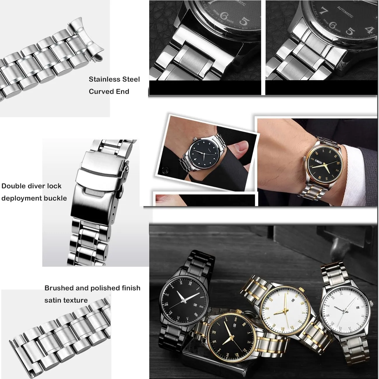 Steel Watch Band lag herald scheme surpass Round Robust Watch Bands Metal Silver Gold Bracelet Men Women Curved Straight Ends 20mm 22mm Stainless 