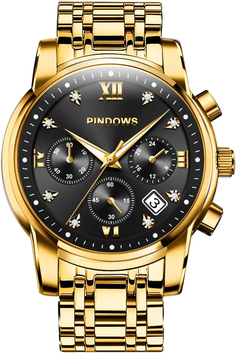 Steel Waterproof Luminous Two Tone Business Watch PINDOWS Watches for Men Diamond Date Calendar Quartz Watches ink maintain moss Analog Stainless 