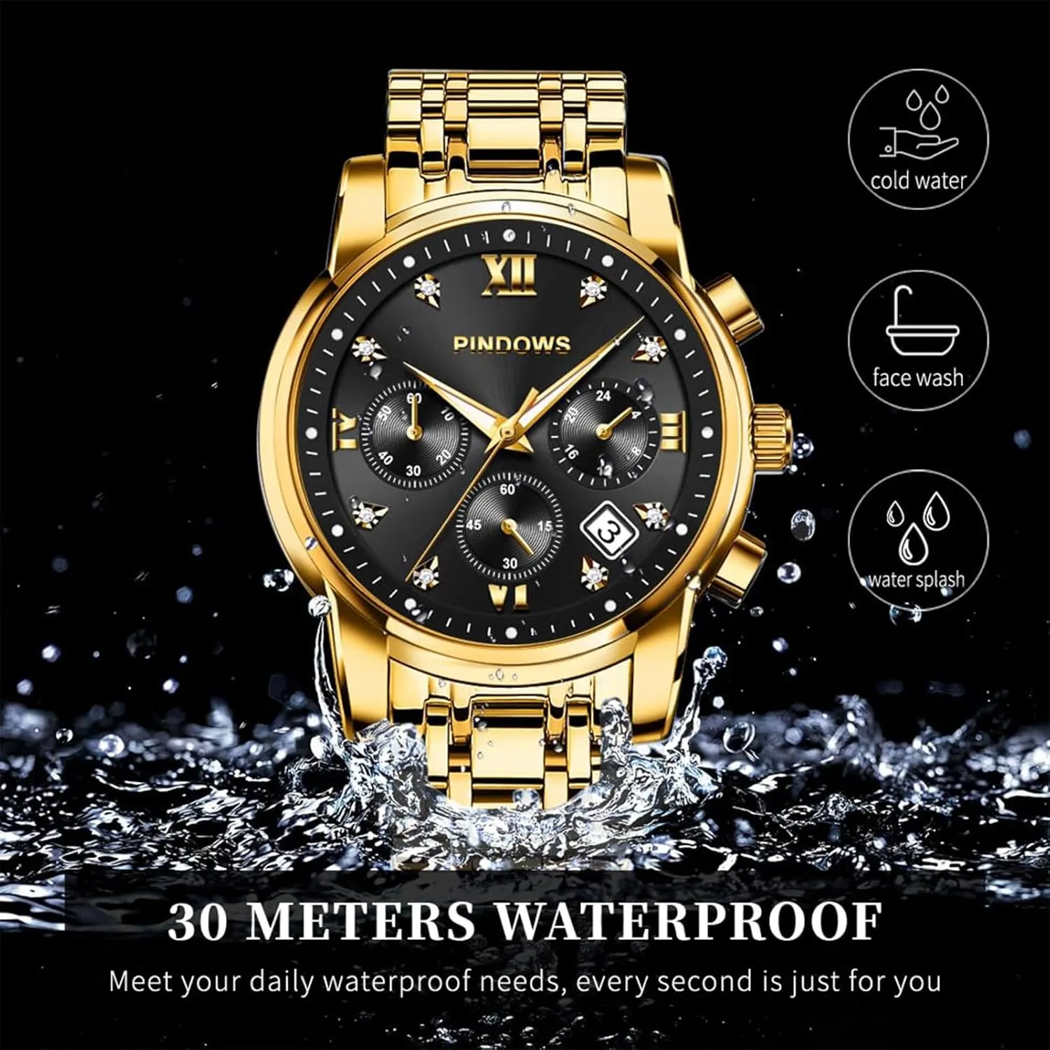 Steel Waterproof Luminous Two Tone Business Watch PINDOWS Watches for Men Diamond Date Calendar Quartz Watches ink maintain moss Analog Stainless 