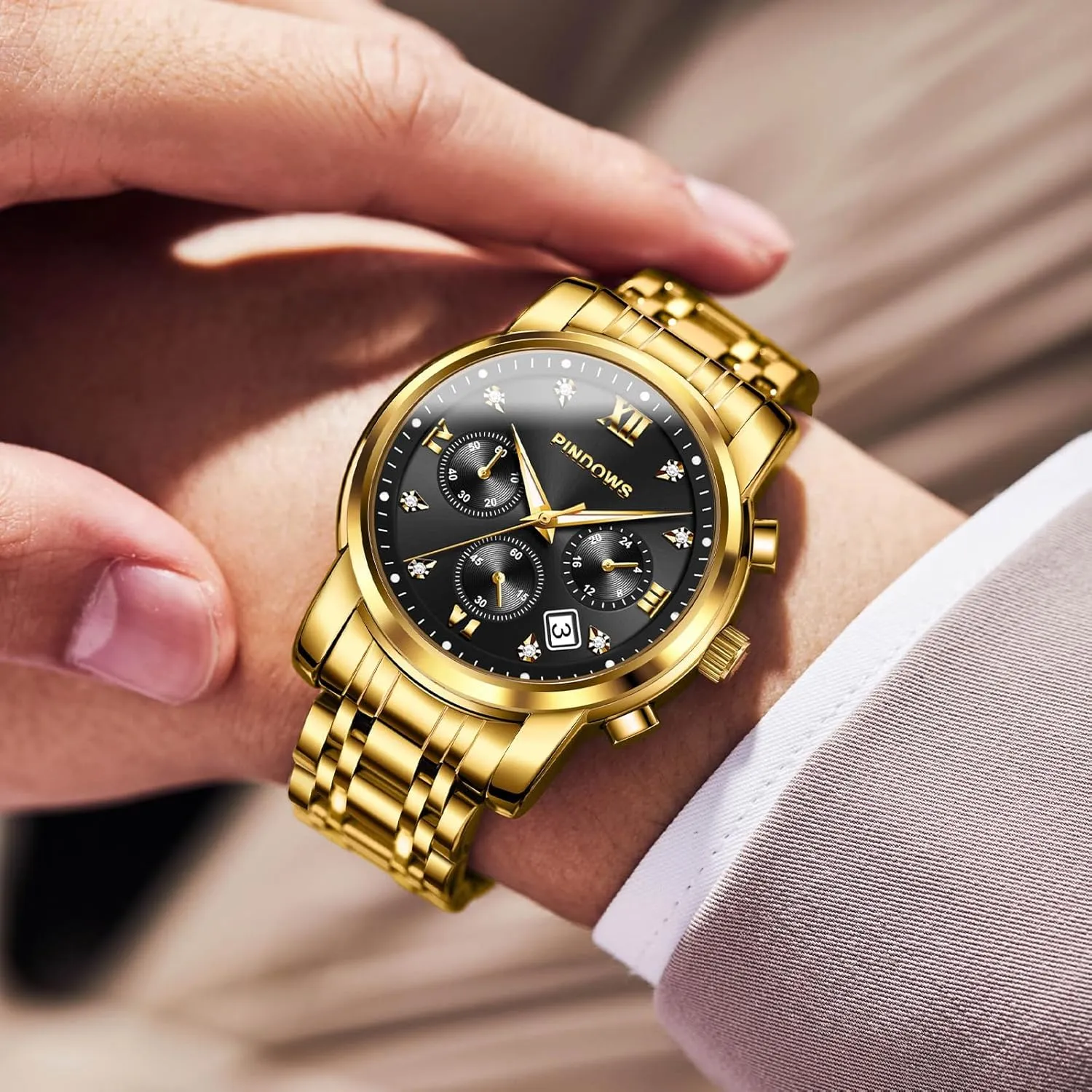 Steel Waterproof Luminous Two Tone Business Watch PINDOWS Watches for Men Diamond Date Calendar Quartz Watches ink maintain moss Analog Stainless 