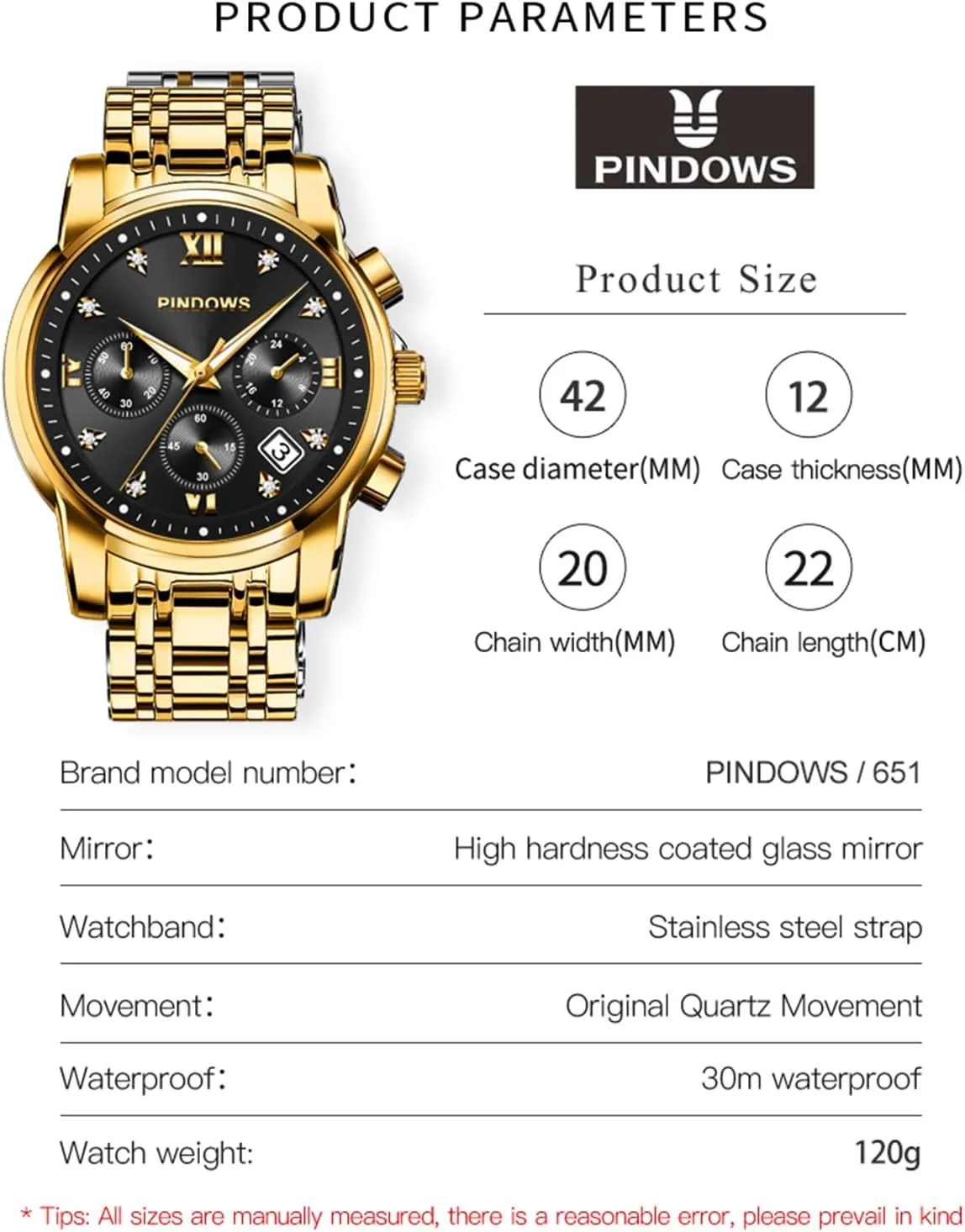 Steel Waterproof Luminous Two Tone Business Watch PINDOWS Watches for Men Diamond Date Calendar Quartz Watches ink maintain moss Analog Stainless 