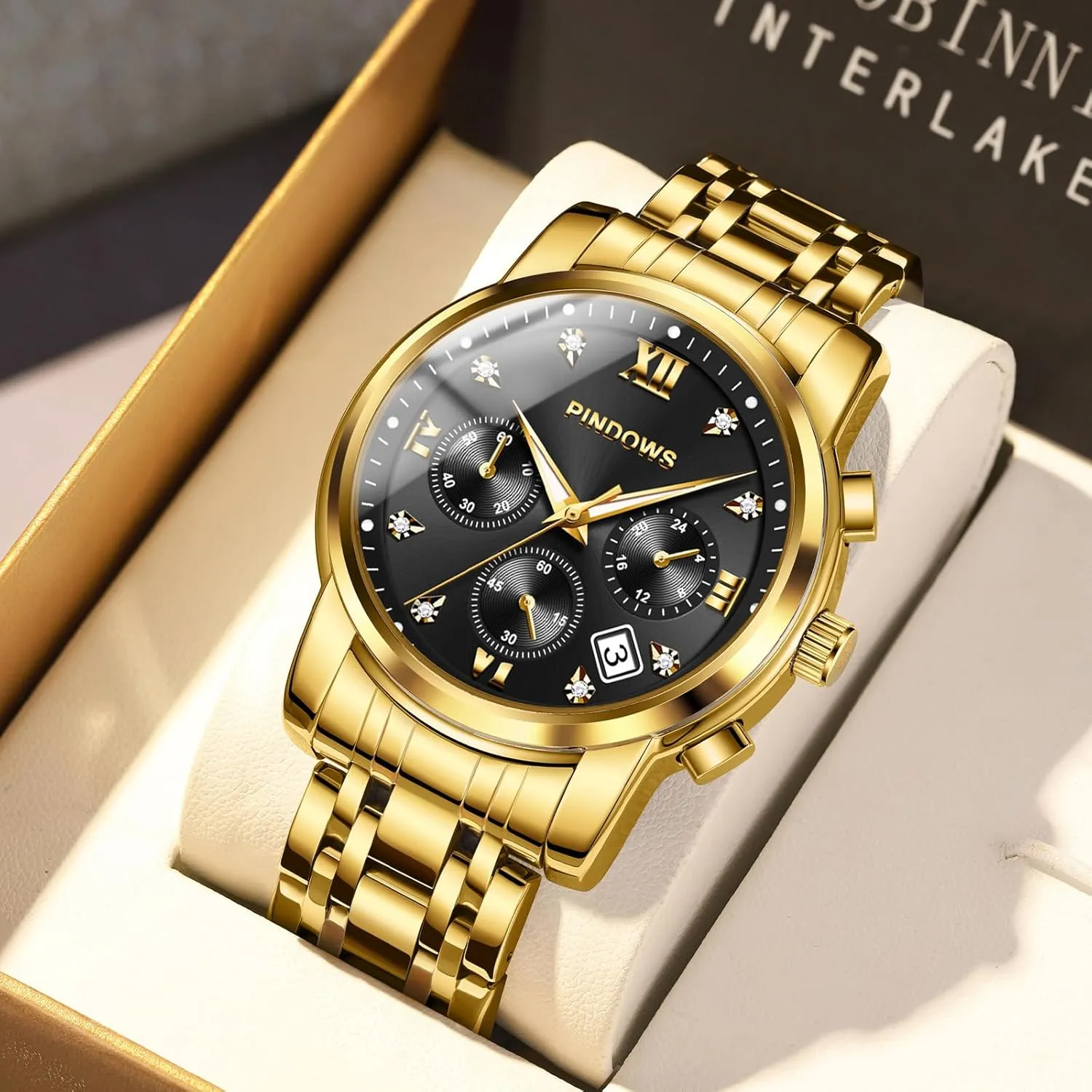 Steel Waterproof Luminous Two Tone Business Watch PINDOWS Watches for Men Diamond Date Calendar Quartz Watches ink maintain moss Analog Stainless 
