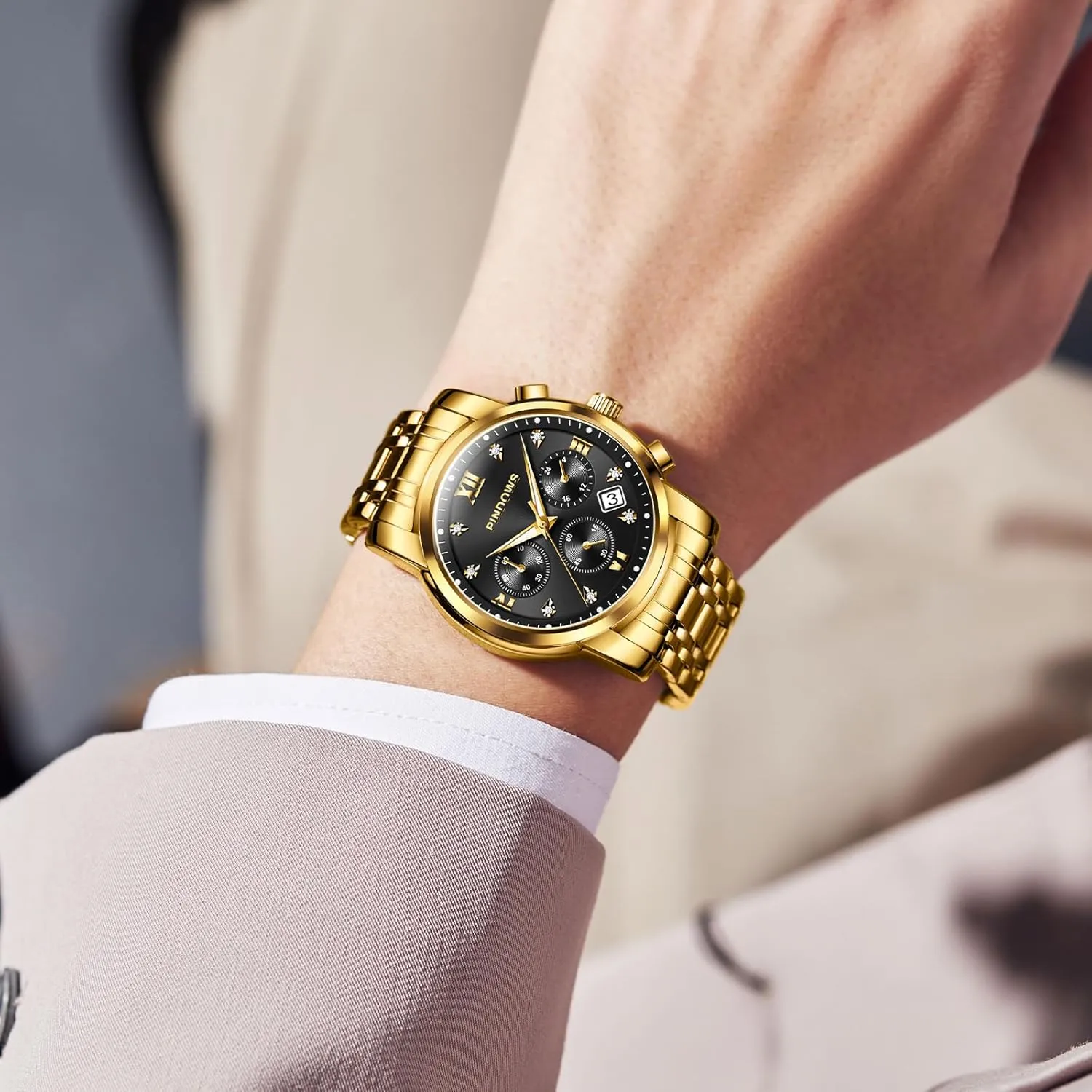 Steel Waterproof Luminous Two Tone Business Watch PINDOWS Watches for Men Diamond Date Calendar Quartz Watches ink maintain moss Analog Stainless 