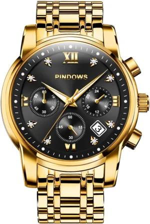 Steel Waterproof Luminous Two Tone Business Watch PINDOWS Watches for Men Diamond Date Calendar Quartz Watches ink maintain moss Analog Stainless 