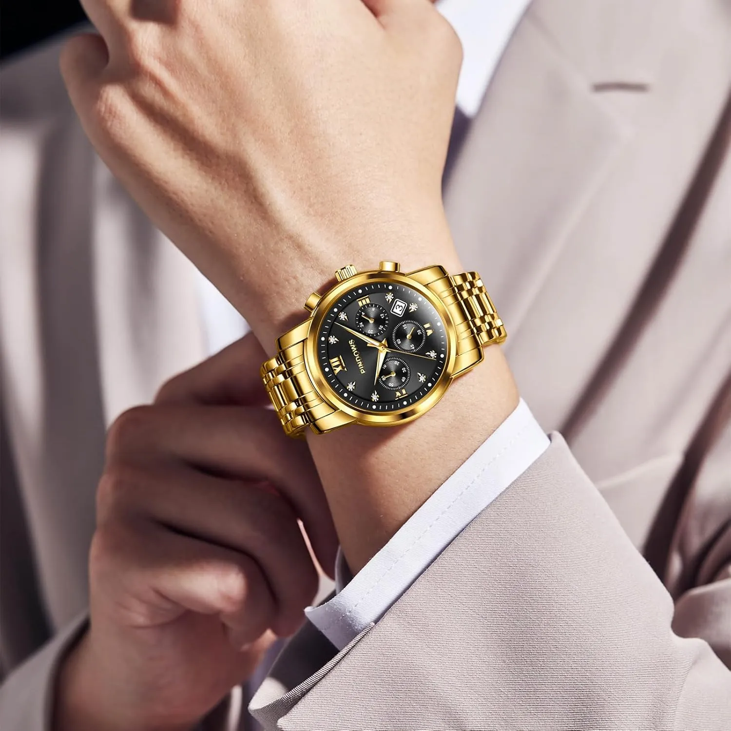 Steel Waterproof Luminous Two Tone Business Watch PINDOWS Watches for Men Diamond Date Calendar Quartz Watches ink maintain moss Analog Stainless 