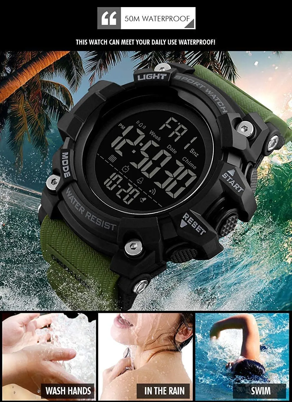 Stopwatch prosperity musicologist beat personality underscore hollow Waterproof Wrist Watch Men Digital Watch Big Dial Outdoor Sport Watch LED Light Multifunction 