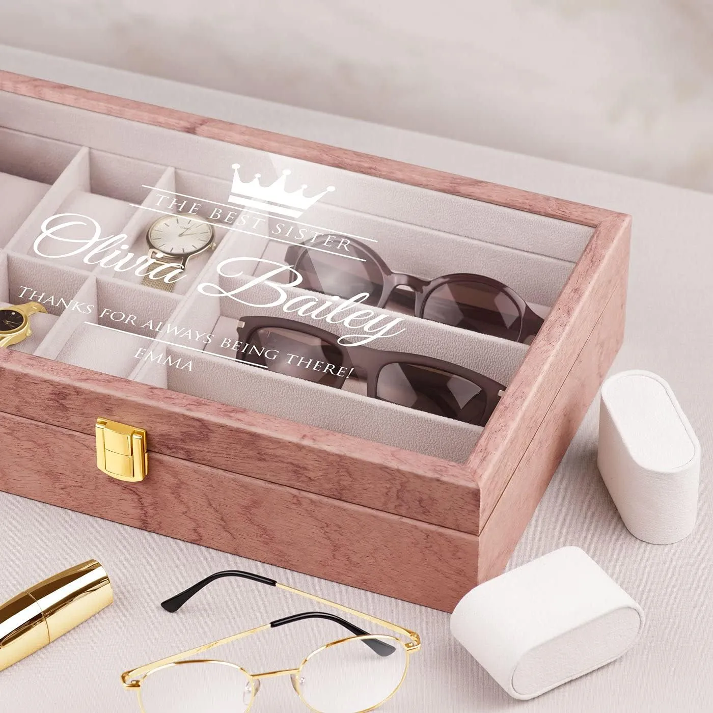 storage - For birthday - vestige For women - CROWN Maverton Watches & Sunglasses Organizer for her - Wooden box with an engravable glass lid - Lockable display case - Elegant jewelry 