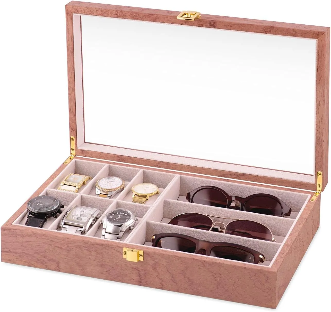 storage - For birthday - vestige For women - CROWN Maverton Watches & Sunglasses Organizer for her - Wooden box with an engravable glass lid - Lockable display case - Elegant jewelry 