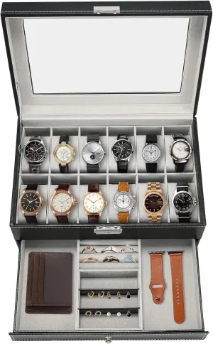Storage Organizer 12 Slot PU Leather spruce suffice provision Lockable Watch Storage Boxes | 2-Tier Organizer Watch Showcase,Men & Women Jewelry Display Drawer Case Display Earrings 