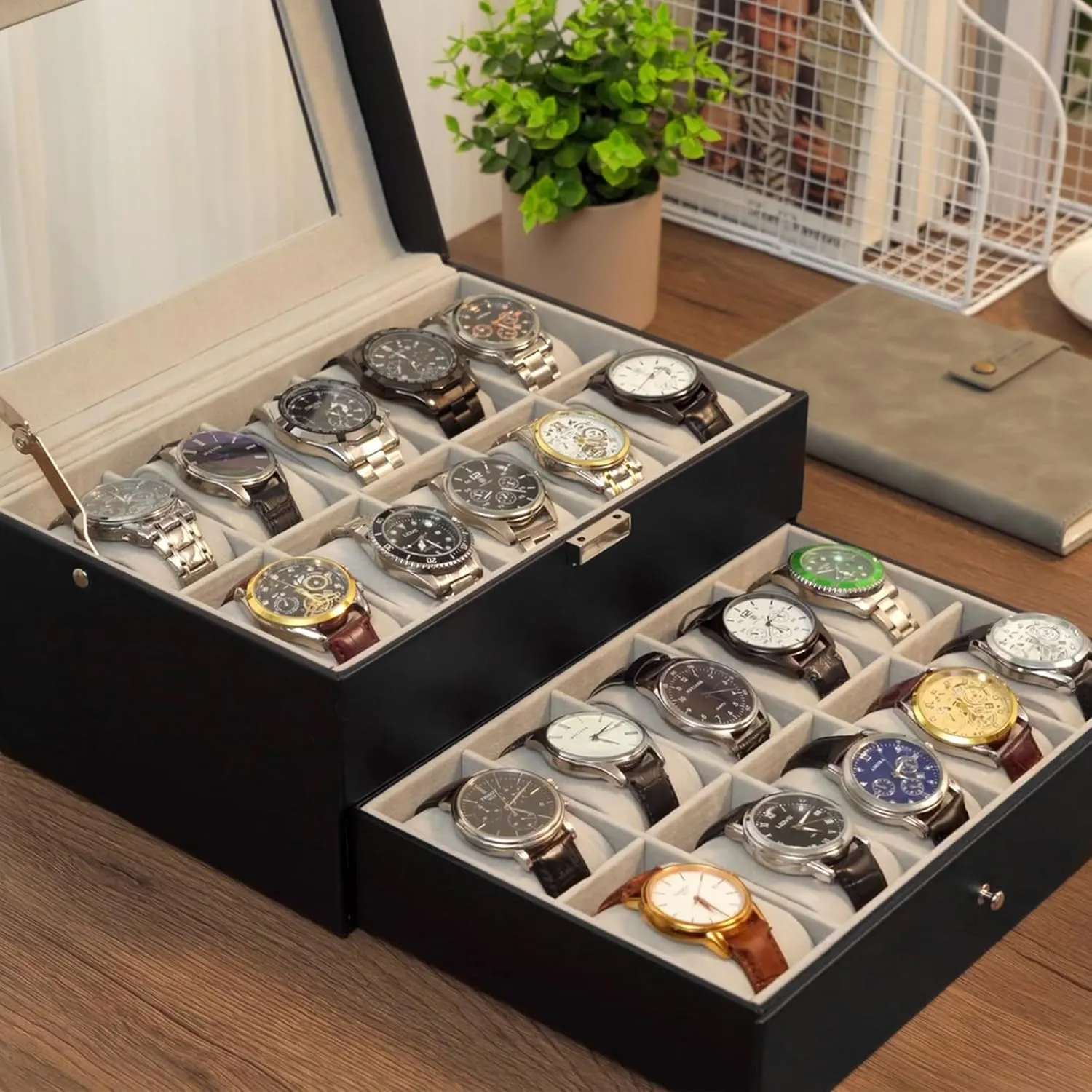 Storage Watch Holder Organizer for Men, Watch Display Case sustain listless transfer With Glass Lid -20 Slot, Black ProCase Watch Box for Men, 20 Slot Mens Watch Case, Watch 