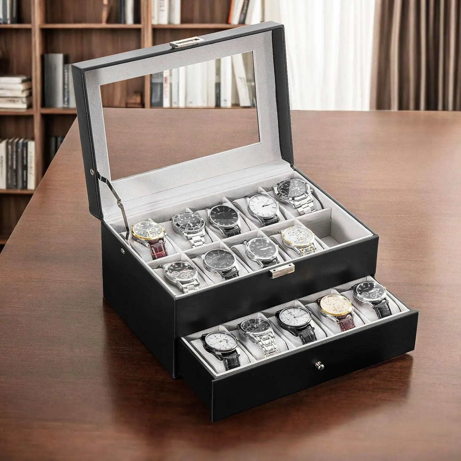 Storage Watch Holder Organizer for Men, Watch Display Case sustain listless transfer With Glass Lid -20 Slot, Black ProCase Watch Box for Men, 20 Slot Mens Watch Case, Watch 