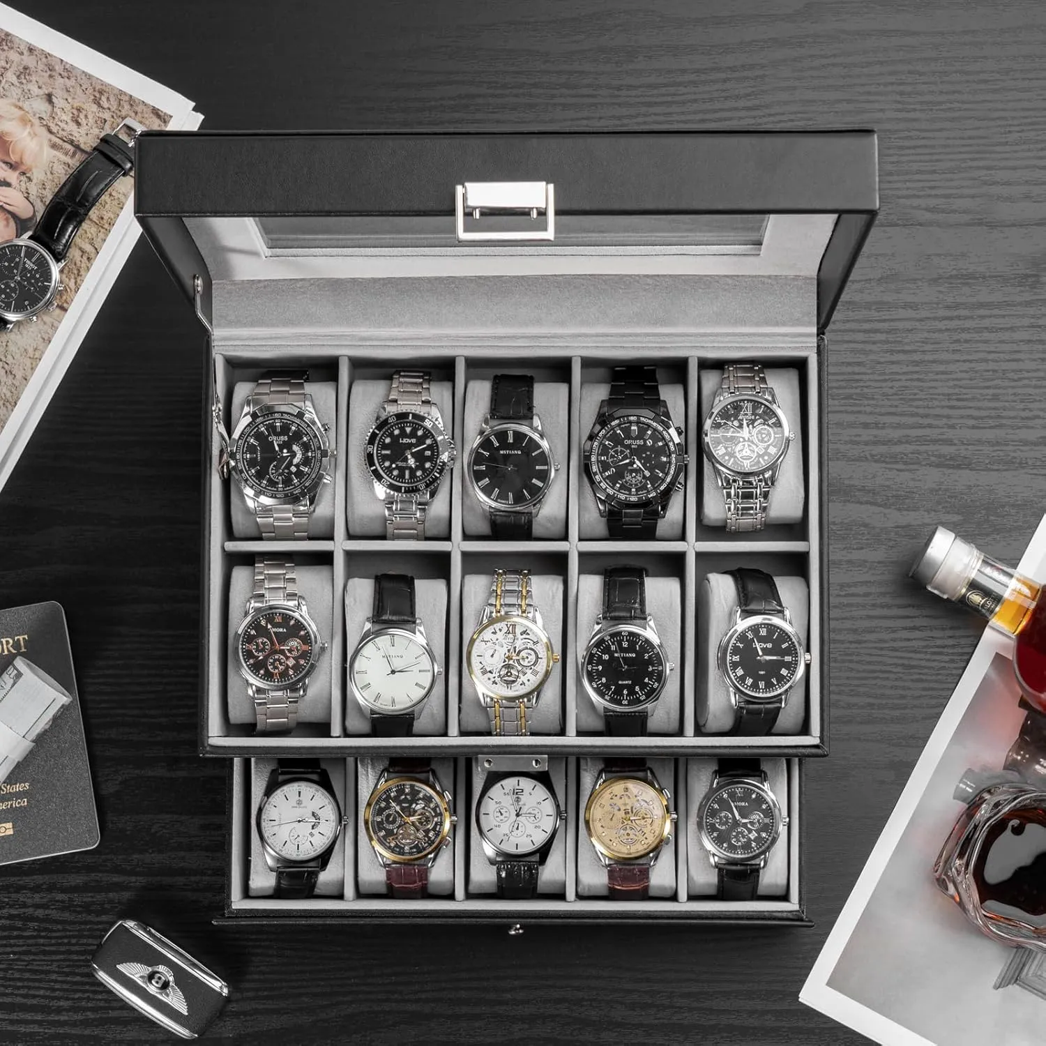 Storage Watch Holder Organizer for Men, Watch Display Case sustain listless transfer With Glass Lid -20 Slot, Black ProCase Watch Box for Men, 20 Slot Mens Watch Case, Watch 