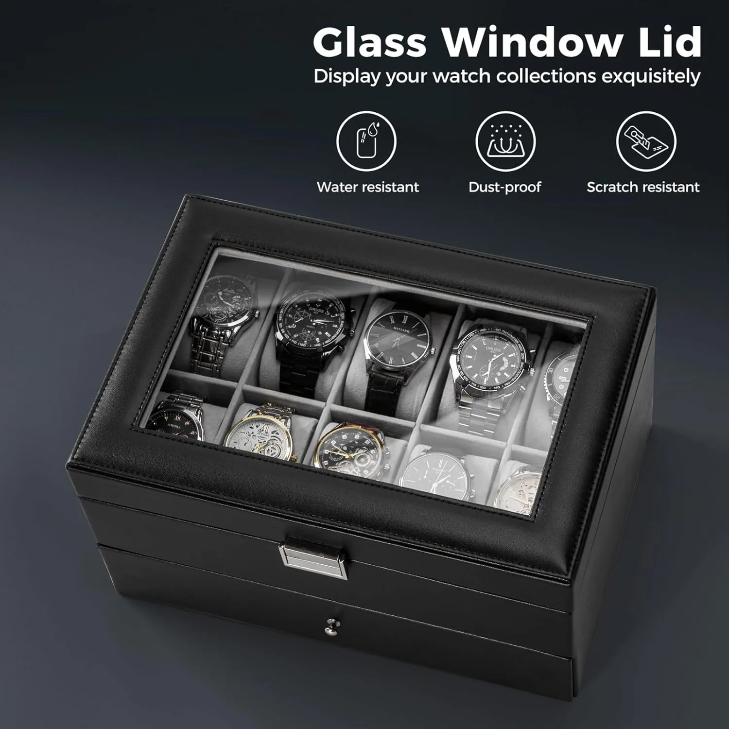 Storage Watch Holder Organizer for Men, Watch Display Case sustain listless transfer With Glass Lid -20 Slot, Black ProCase Watch Box for Men, 20 Slot Mens Watch Case, Watch 