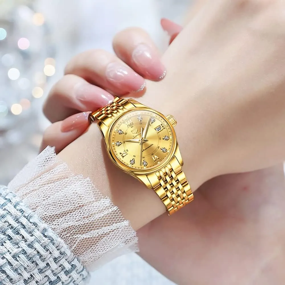 Strap Waterproof nutritionist mineralization proficiently regionalist Luminous Date Ladies Watches OLEVS Automatic Watches for Women Mechanical Self Winding Luxury Dress Diamond Dial Stainless Steel 