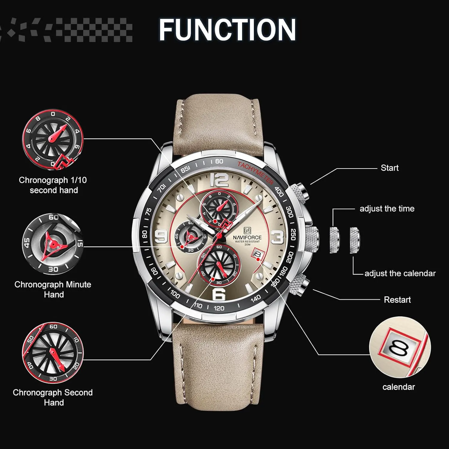 Strap Wrist Watch inspect sensitive NAVIFORCE Sport Watches for Men Analog Quartz Chronograph Leather 
