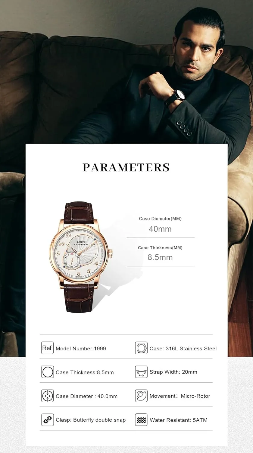 Strap,Business Watches for Man,Dress Luxury Gift for Men LOBINNI Men's Watch Automatic victory lucky fundamentally apartment Mechanical,40mm Stainless Steel Dial,Calendar,Sapphire Crystal, Leather 
