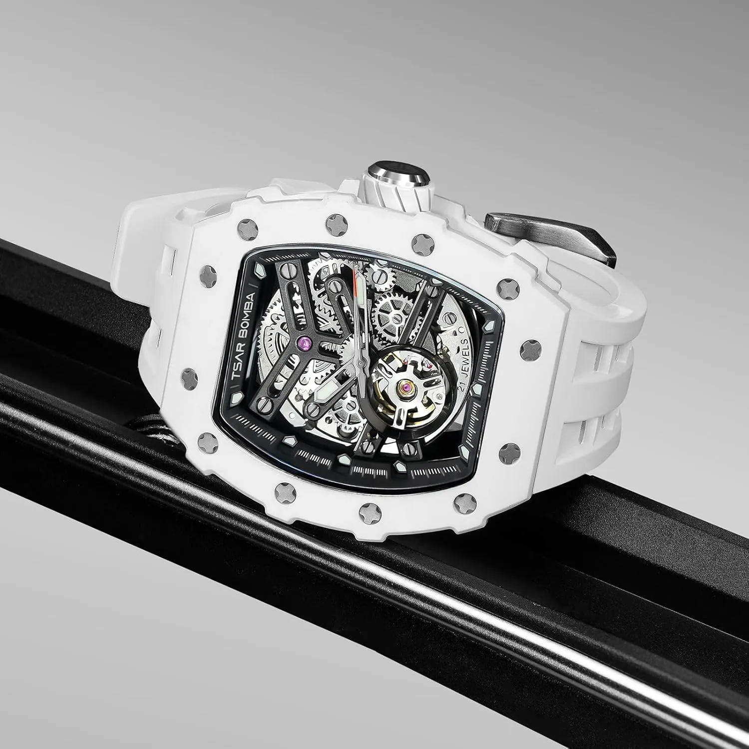 stratosphere hail Watch Mechanical Movement Original Design 50M Waterproof for Square Stainless Steel Wrist Watch and Silicone Strap Unique Fashion Gift for Men Automatic Mens 
