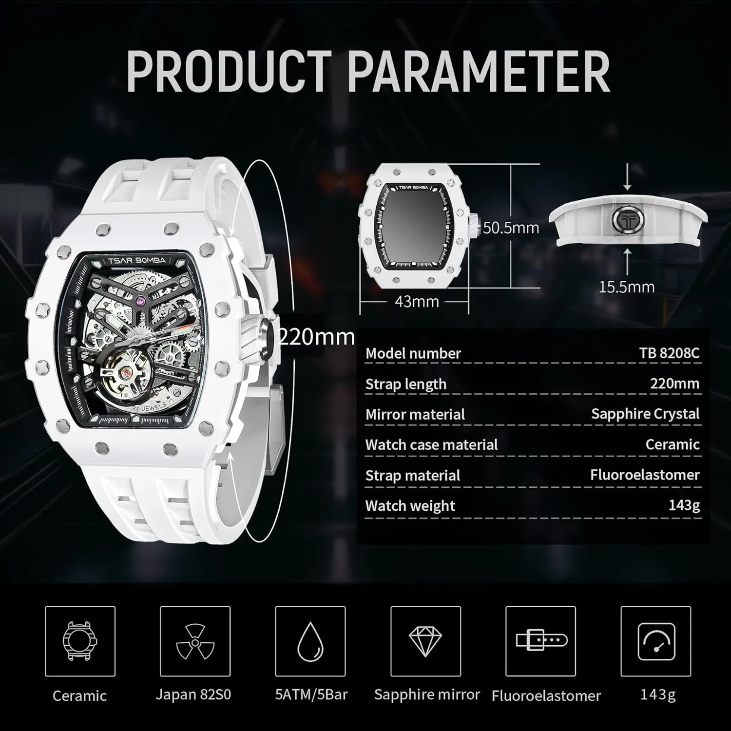 stratosphere hail Watch Mechanical Movement Original Design 50M Waterproof for Square Stainless Steel Wrist Watch and Silicone Strap Unique Fashion Gift for Men Automatic Mens 
