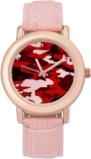 Stylish Leather Strap for Daily Outdoor Work Red Black Camouflage Watches for Women cycle Round Printed Dial 