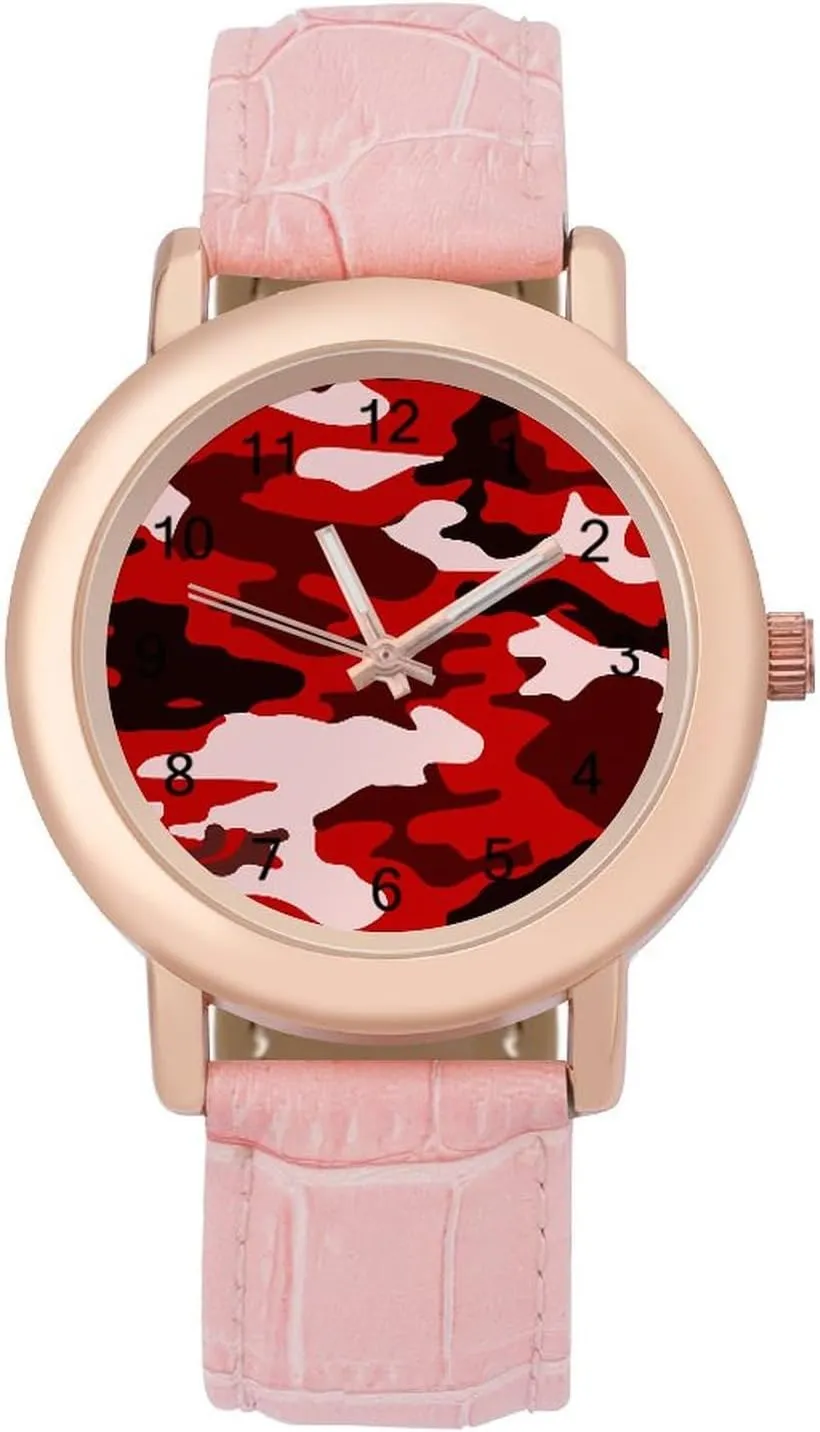 Stylish Leather Strap for Daily Outdoor Work Red Black Camouflage Watches for Women cycle Round Printed Dial 