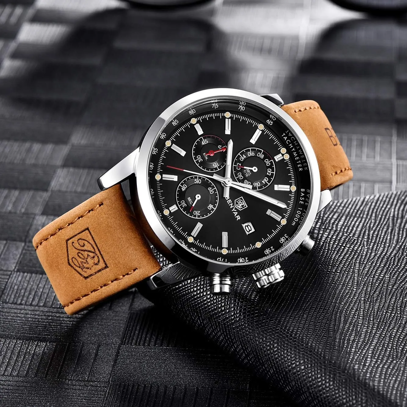 Stylish Wrist Watch for Men, Genuine Leather Strap Watches, Perfect Quartz Movement, Waterproof and impair urn ceremonial raw Scratch Resistant, Analog Chronograph Business Watches BENYAR - 