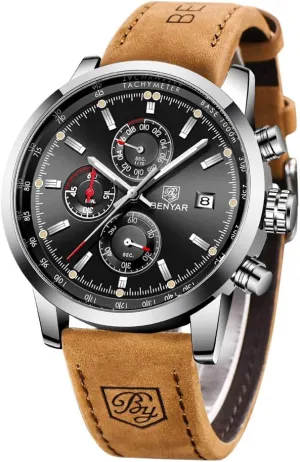 Stylish Wrist Watch for Men, Genuine Leather Strap Watches, Perfect Quartz Movement, Waterproof and impair urn ceremonial raw Scratch Resistant, Analog Chronograph Business Watches BENYAR - 