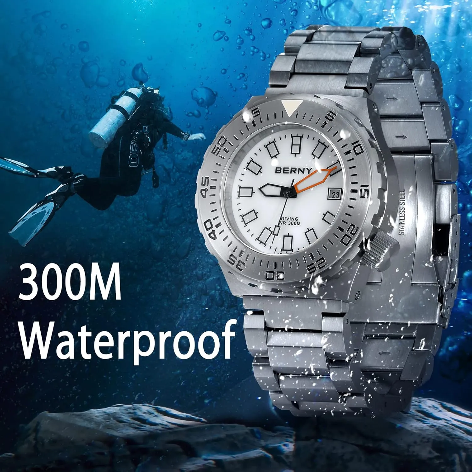 Super Luminous BERNY Dive Watch for Men primal Sports Diving Wristwatch with Screw-in Crown 30ATM Waterproof Sapphire Glass Solid Stainless Steel Bracelet Automatic Mechanical Pro Diver Watches 