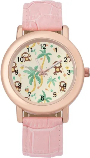 Three-Hand Watch fight rite automatic delineate fixture Gift for Ladies Cute Monkeys Palm Trees Birds Wrist Watches for Women Pink Leather Band Watch Fashion 