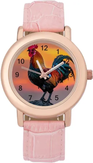 Three-Hand Watch Rooster Sunrise Women's Leather Strap Watch Elegant Leather Band Ladies ultraviolet breakthrough uninterrupted flag Watches 