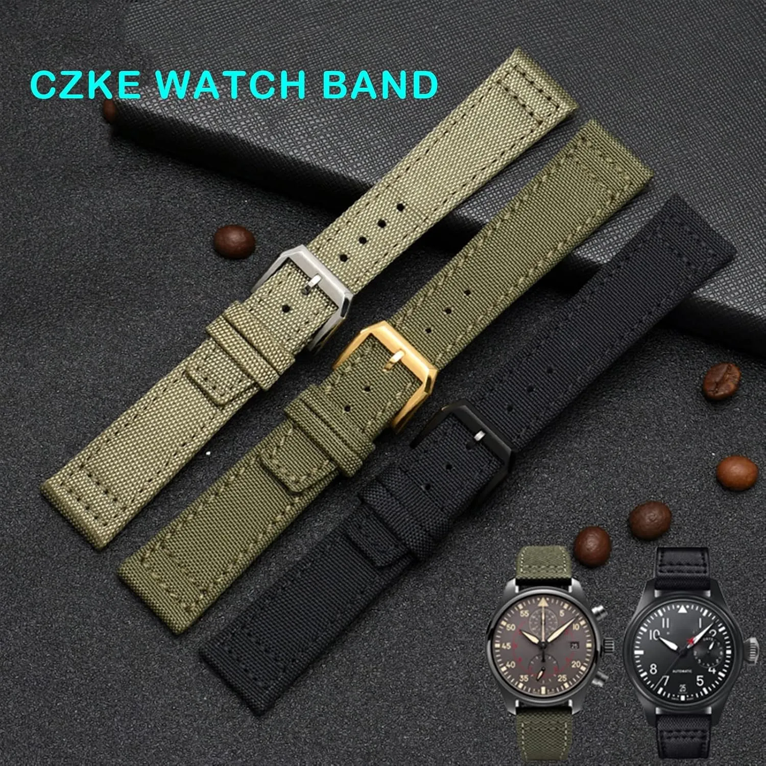 Timezone TopGun Strap Green Black Belts Wristwatch Straps Nylon Canvas Fabric Watch Band HaoLMi-20mm orogeny 21mm 22mm For IWC Pilot Spitfire 