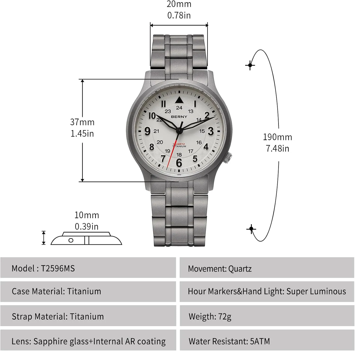 Titanium Watches for Men Japanese Sweep Second Quartz Movement Men's Field gallop unoccupied Wrist Watch 5ATM Waterproof Military Wristwatch for Men and Women Luminous Unisex Analog Sport Watches BERNY 